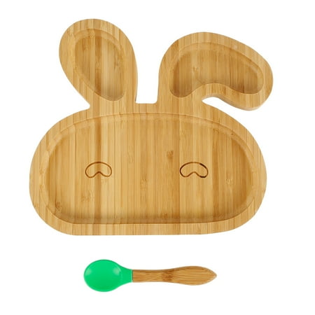 

Keyohome Baby Walker Rabbit Dinner Plate Portable Non-Slip Feeding Plate Natural Bamboo Walker Dinner Plate With Spoon