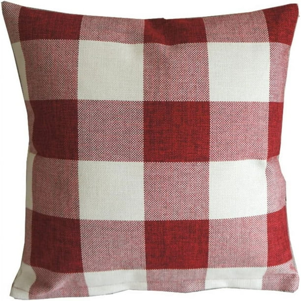Nvzi Funda de almohada decorativa a cuadros rojos y blancos, funda de cojín cuadrada de 18 x 18 pulgadas de lino