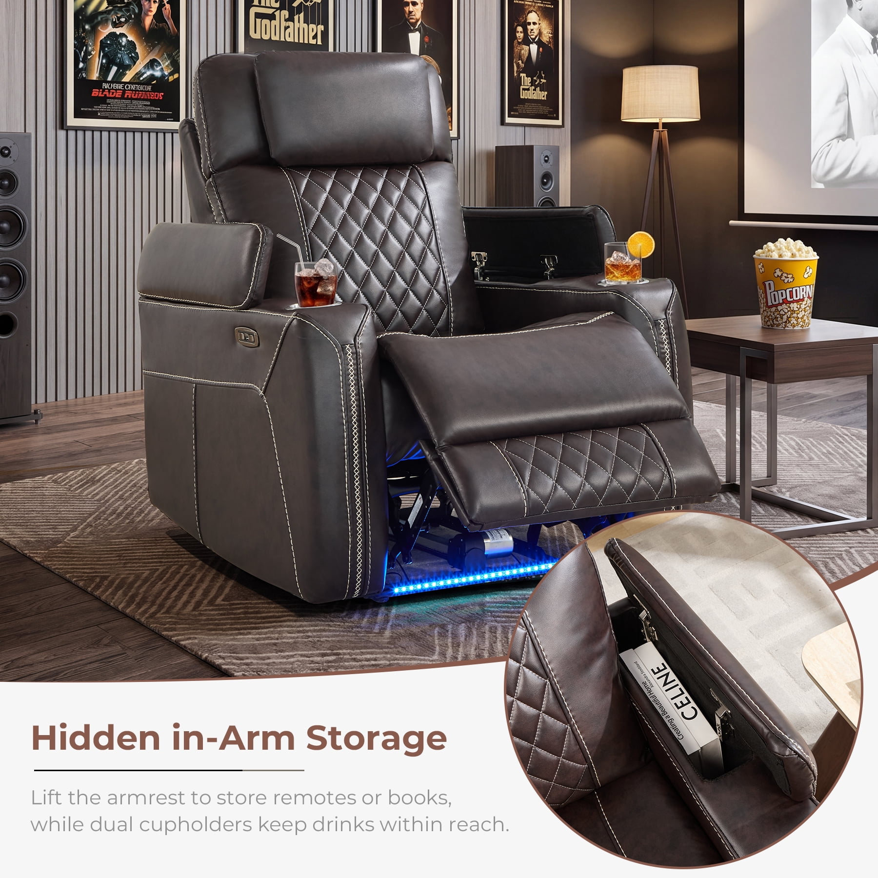 Ebello Dual Motor Power Recliner Chair, Faux Leather Electric Reclining Chair with LED Light Strip, USB Port, Cup Holders & Hidden Storage, Oversized Headrest for Home Theater, Brown