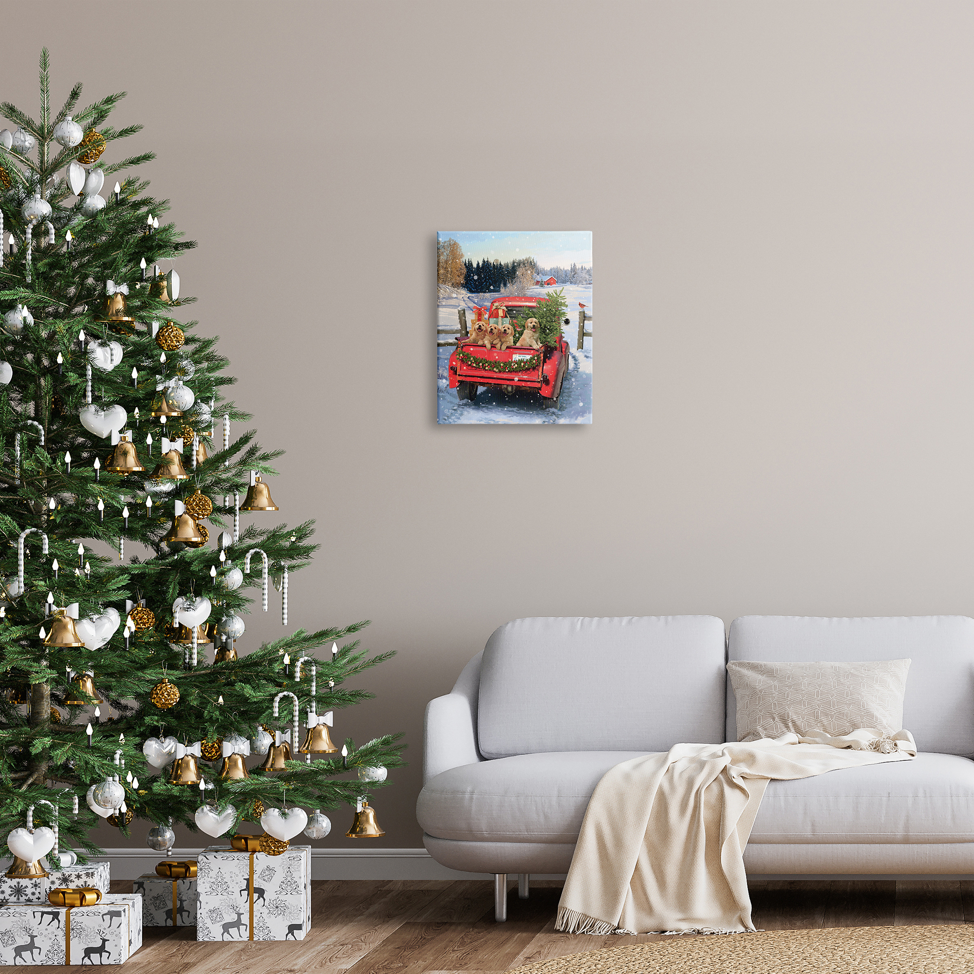 Stupell Industries Puppies in Holiday Truck Holiday Painting Gallery Wrapped Canvas Art Print Wall Art, 16 x 20