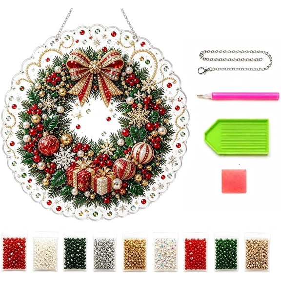 Christmas Pearl Diamond Art Hanging Ornament Kit, DIY Holiday Acrylic Suncatcher Decor, Christmas Window Wall Pendant, Handmade Craft Gift for Adults & Beginners (Holiday Wreath)