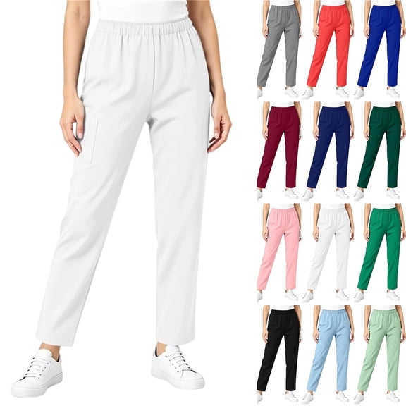 Women's Elastic Waist Scrub Pants with Pockets Loose Fit Straight Leg Workwear Trousers Casual Nursing Uniform Bottoms