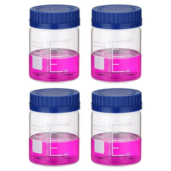 4 Pack Reagent Media Storage Bottles, 250ml Borosilicate Glass Wide Mouth Graduated Round Bottles with GL32 Screw Cap