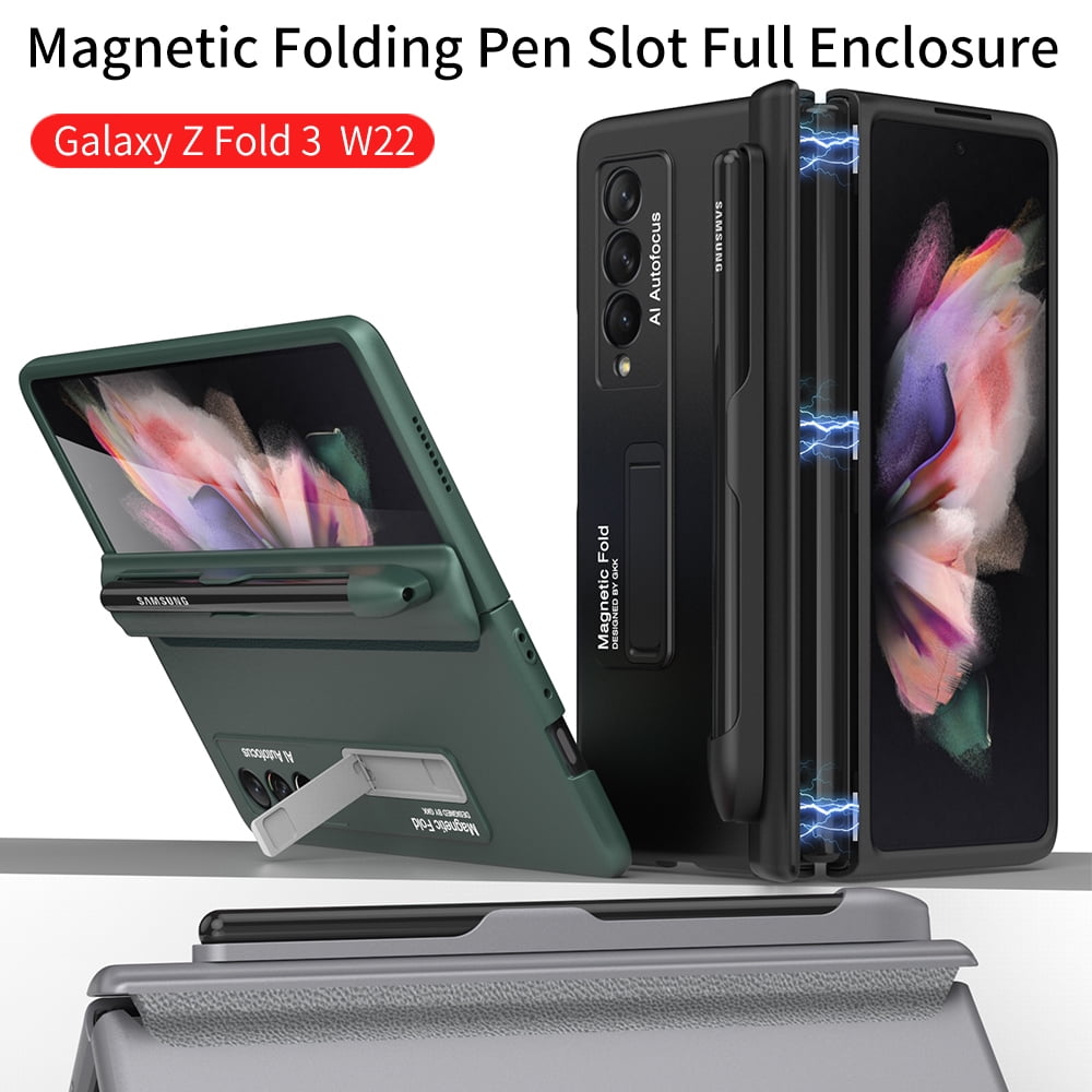 Galaxy Z Fold 3 Case with Pen Holder, Dteck Samsung Fold 3 Slim Ultra-Thin PC with Kickstand Folio Flip Phone Cover, Darkgreen