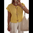 thumbnail image 2 of Suéter de Corta para Mujer, Cuello Redondo, Cárdigan de Punto de Crochet Calado, Camisas Casuales de Verano con Botones. Amarillo M, 2 of 8