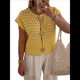 thumbnail image 2 of Suéter de Corta para Mujer, Cuello Redondo, Cárdigan de Punto de Crochet Calado, Camisas Casuales de Verano con Botones. Amarillo S, 2 of 8