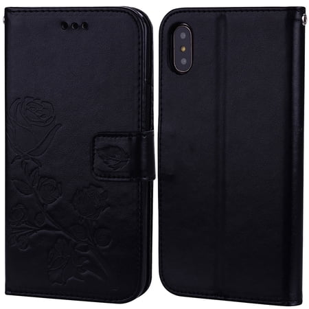 iPhone XS/ iPhone X Case, Allytech [Embossed Rose Series] Folding Folio Flip Case with Kickstand Card Holders Magnetic Closure Full Body Protection Cover Shell for iPhone XS/ iPhone X, Black