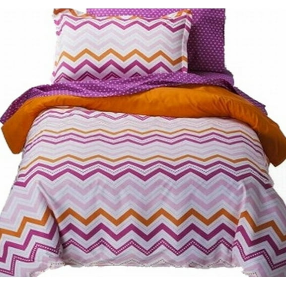 Girls Full Bed in a Bag Pink & Orange Zigzag Comforter Set Sheets Shams 7 pc