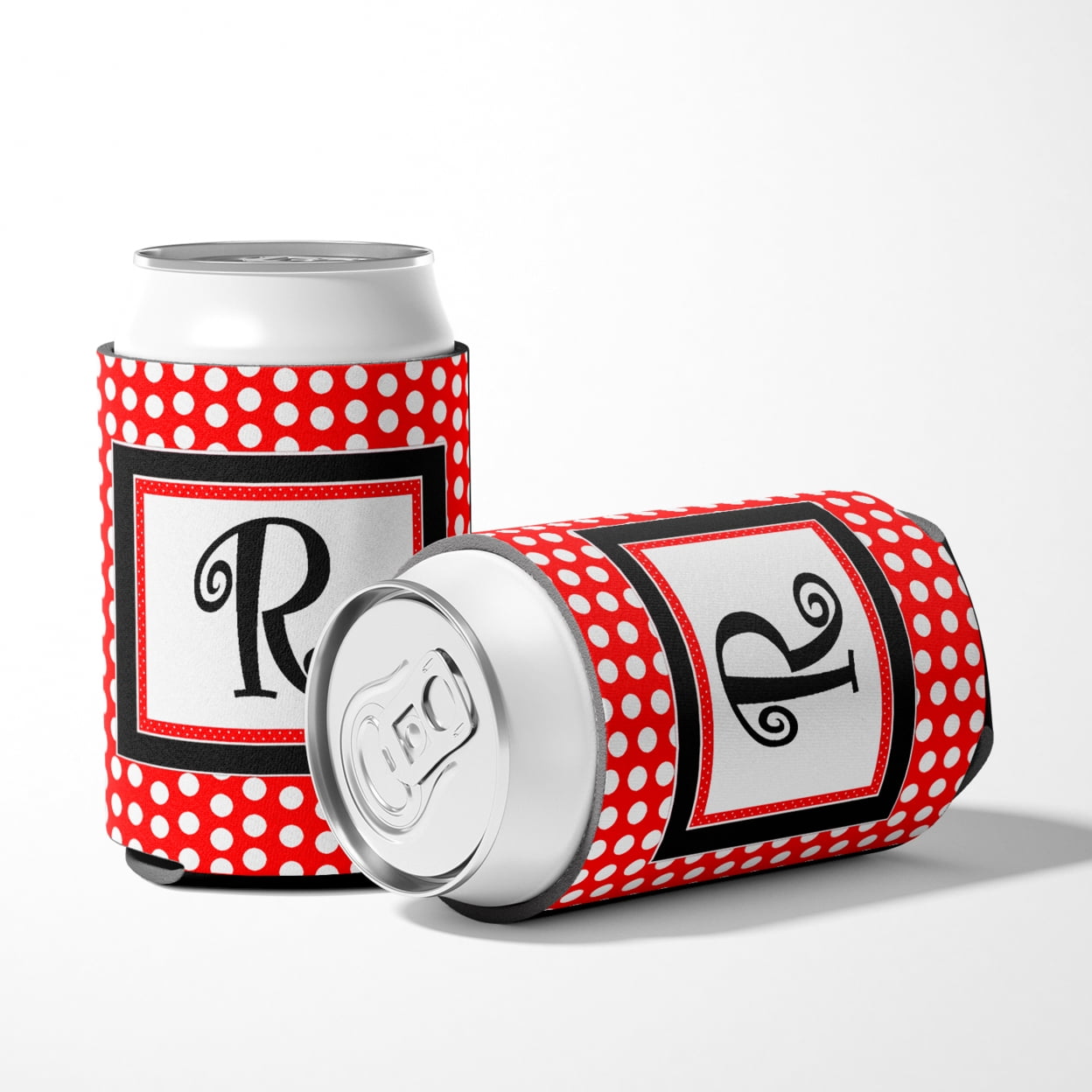 Letter R Initial Monogram - Red Black Polka Dots Can or Bottle Beverage Insulator Hugger