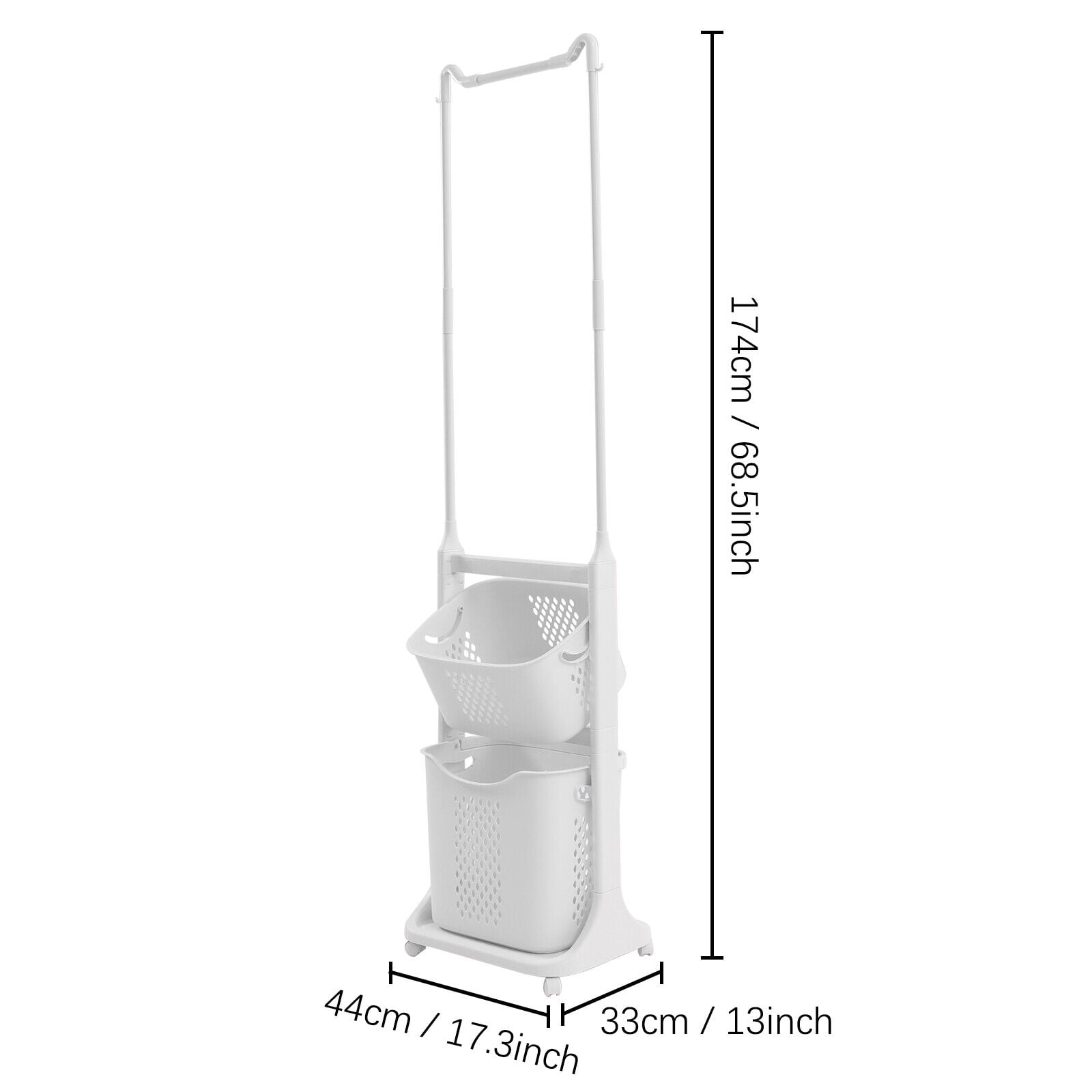 White Laundry Hamper Basket Sorter Wash Clothes Storage Organizer Rolling Rack Shelf Dirty Clothes Laundry Basket 17.3*13*68.5in
