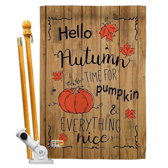 Breeze Decor BD-HA-HS-113064-IP-BO-D-US17-BD 28 x 40 in. Hello Autumn Time for Pumpkin Fall Harvest & Impressions Decorative Vertical Double Sided House Flag Set with Pole Bracket Hardware