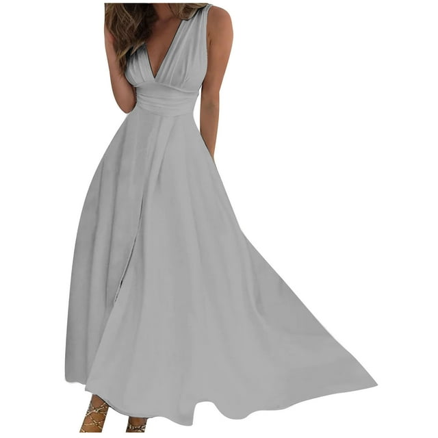 AherBiu Robe Longue Formelle pour Femmes Sans Manches à Col en V Plongeant Froncée Fluide pour Soirée, Fête, Cocktail