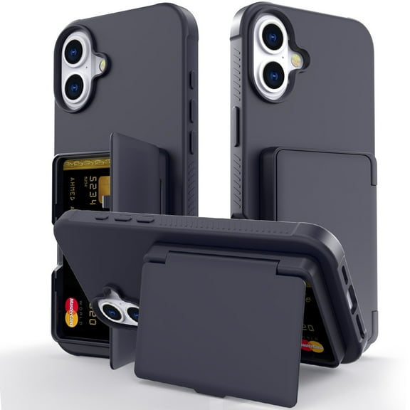 ELEHOLD Case for iPhone 16 Plus, Heavy-Duty Plastic Shockproof Wallet Case Stand Cover with Card Slots,Black