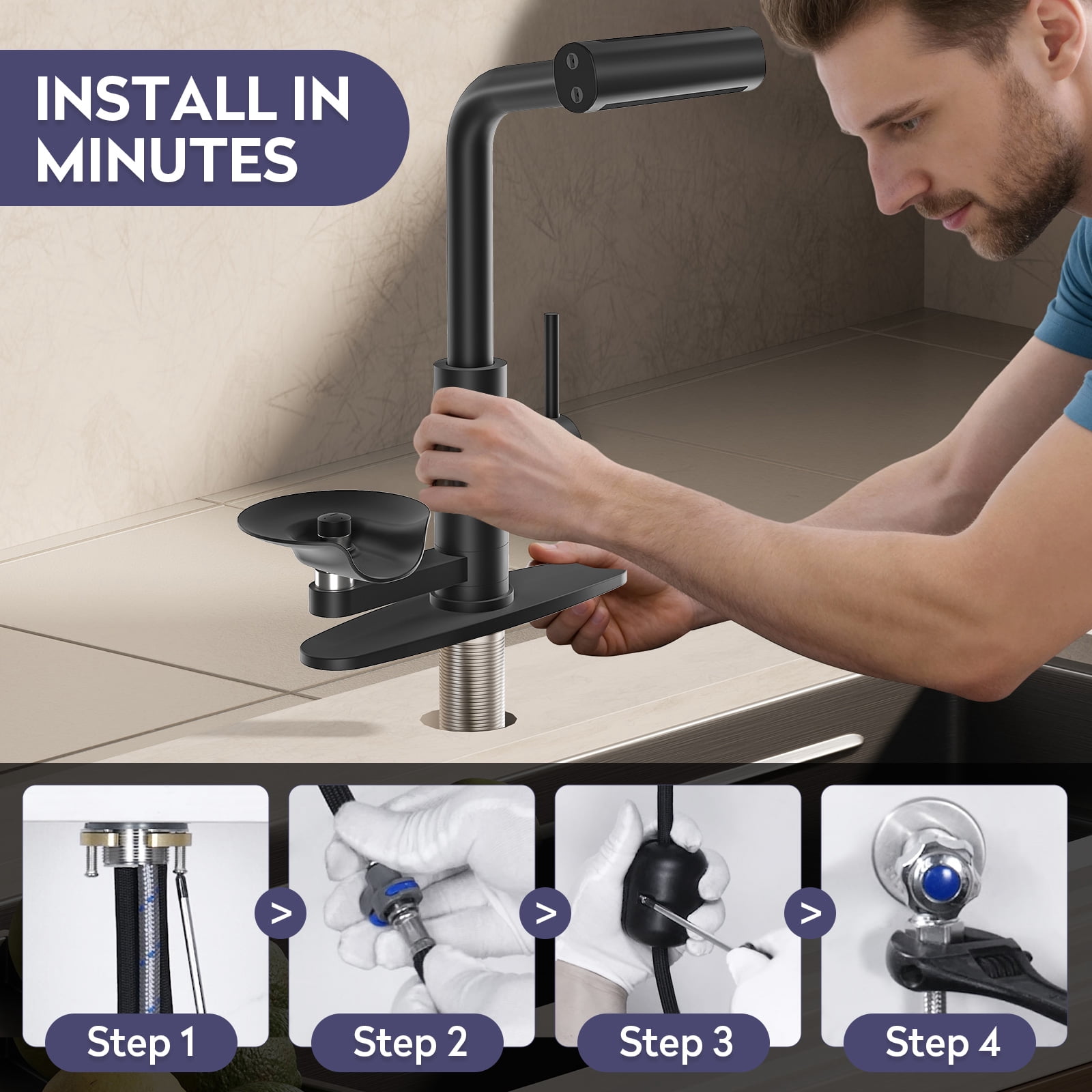 KAIYING Pull Down Kitchen Faucet with Integrated Glass Rinser and Waterfall Mode, Mate Black