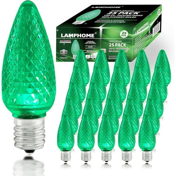 25 Pack Outlet Faceted C9 Christmas Lights, Holiday Decorative Light Bulb, 0.9 Watts, E17 Intermediate Base, Faceted Christmas Lights, Green