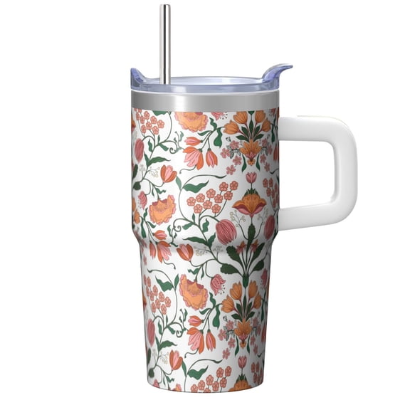 Gift for Her: Floral 20oz Tumbler with Handle and Straws, Stainless Steel Insulated Travel Coffee Mug, Leak-proof, She'll Love It