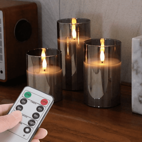 Goyuon Flameless Candles Flickering with Remote Timer, Acrylic Electric Candles, Battery Operated LED Pillar Candle for Party/Home/Wedding Decoration 3 Pack Grey