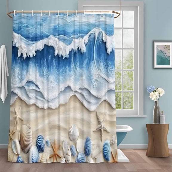 Blue Theme Shower Curtains for Bathroom, Beach Ocean Wave Shell Starfish Coastal Washable Fabric Shower Curtain with Hooks Waterproof Bathroom Decor Sets, 36 x 72 Inches