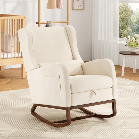 NeatifyesNursery Rocking Chair with Footrest, Glider Rocking Nursing Chair Indoor, Upholstered Accent Nursery Glider Chair Rubber Wood Legs for Baby Nurser, Bedroom, Living Room, Cream