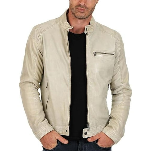 Men's Genuine Beige Lambskin Leather Jacket Motorcycle Biker Zipper Jacket A479