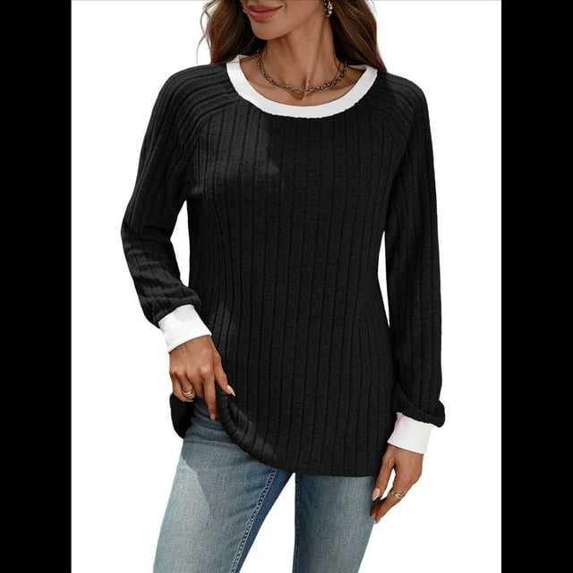 Camisas de Larga para Mujer, Blusas Tipo Túnica con Cuello Redondo, Suéteres Casuales, Ropa de Moda de Otoño Negro L