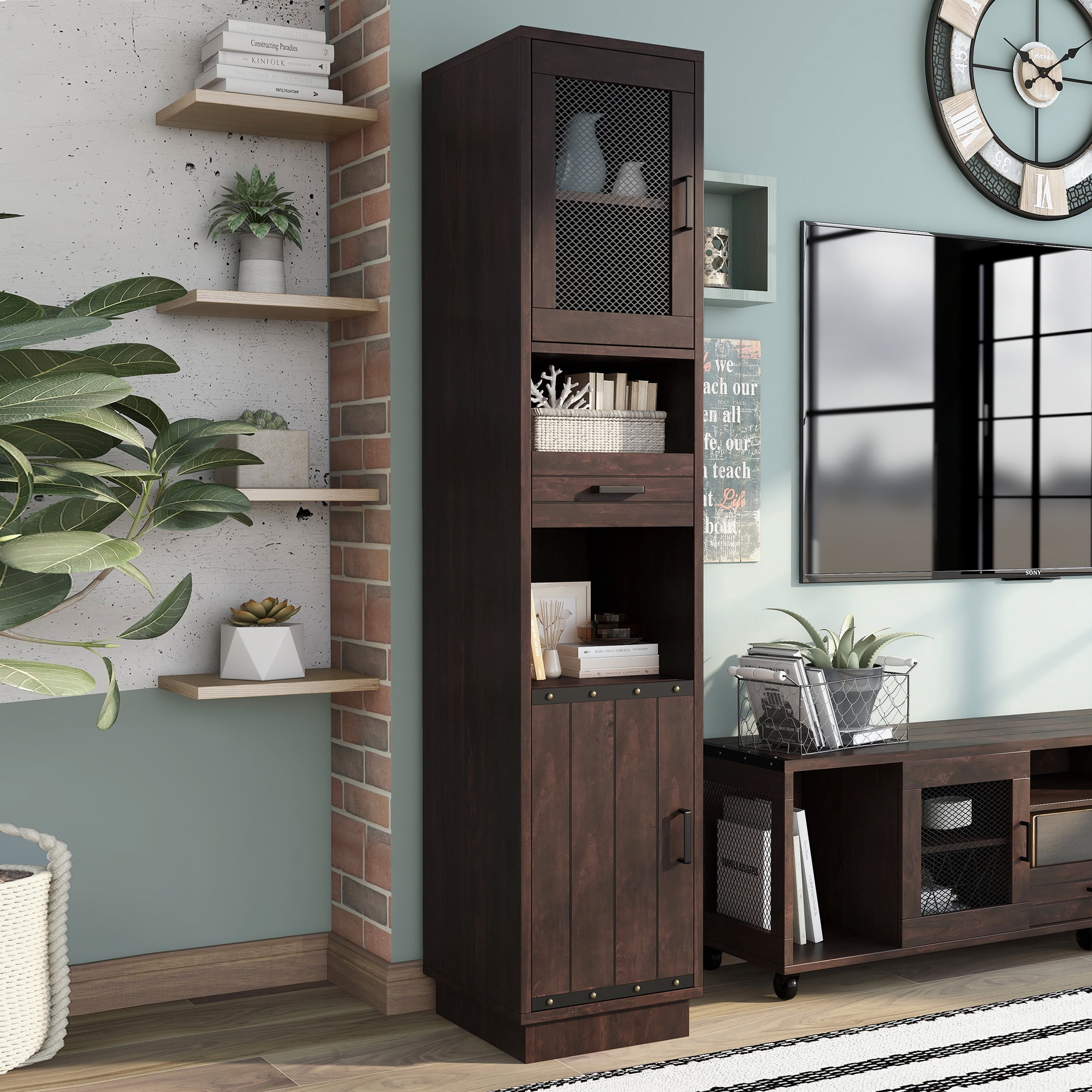 Furniture of America Mecka Tower Cabinet with 2 Doors, Vintage Walnut