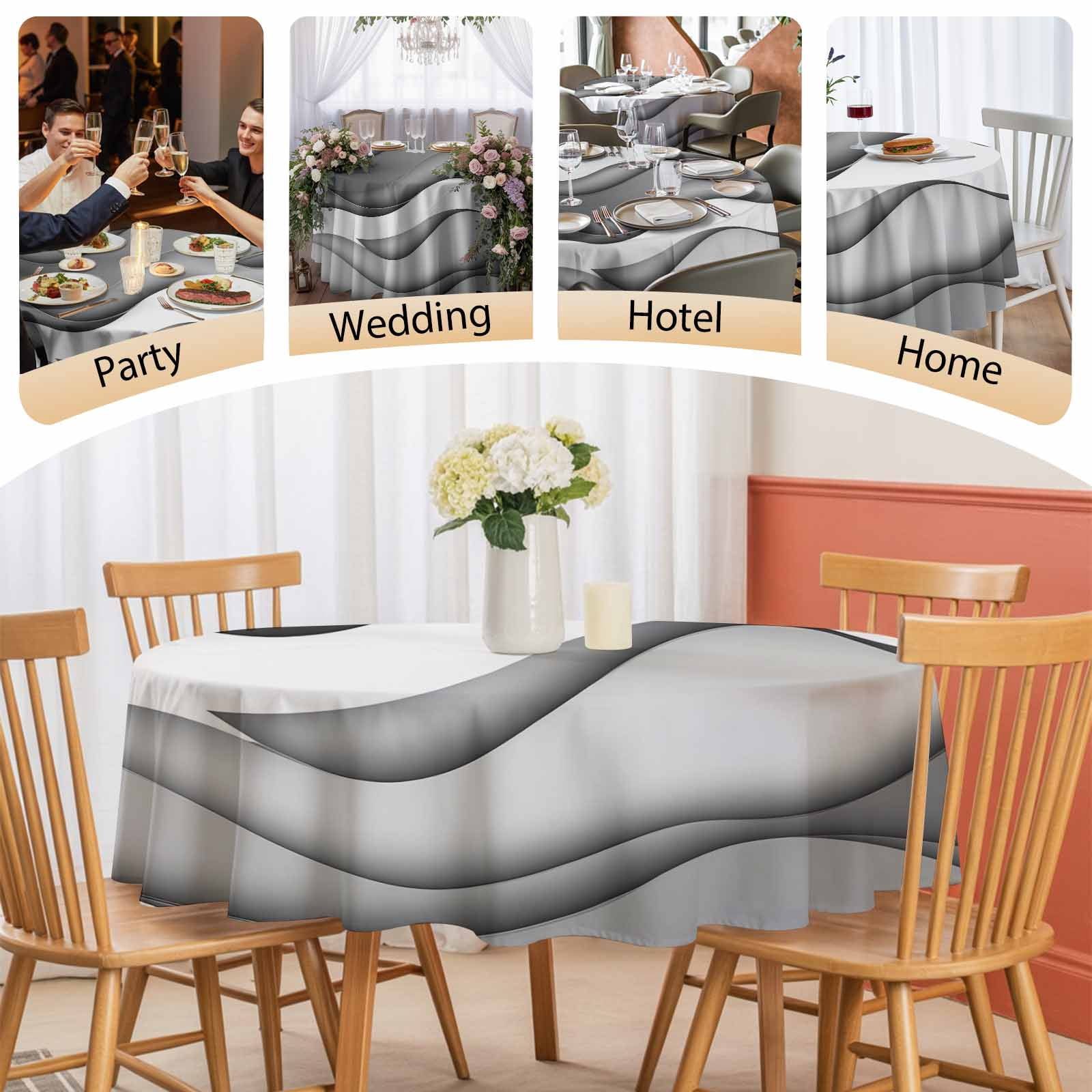 Round Tablecloth Gradient Grey White Beach Waterproof Oil Proof Polyester Table Cloth Cover Decor for Home Dining Outdoor,Patio,Parties, 54" Dia. Abstract Coastal Ocean Wave