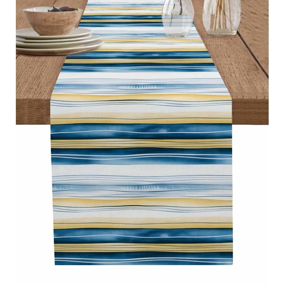 Blue Yellow Striped Table Runner 48 Inches, Modern Stripes Art Watercolor Bed Runner Dresser Scarves Tabletop for Indoor Outdoor Parties/Ceremony/Banquet, 13" x 48"
