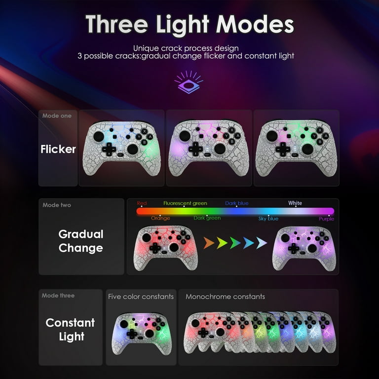 HTQ Wireless Switch Pro Controller for Nintendo Switch/Switch Lite/Switch  OLED, Switch Remote Gamepad with Unique Crack RGB Lights Turbo Dual  Vibration 6-Axis Motion Control, White 