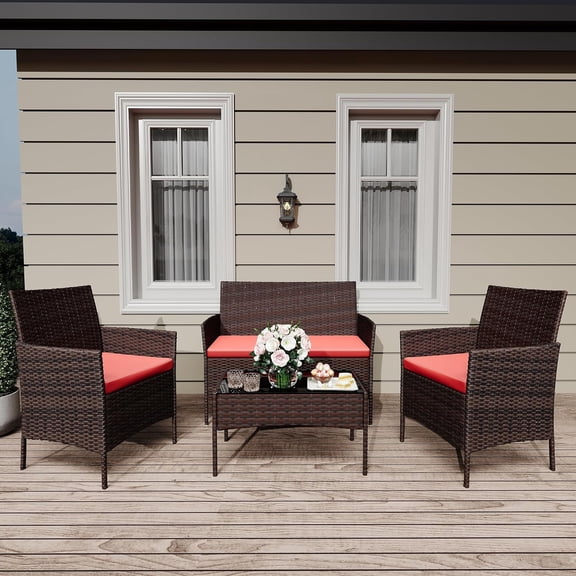 4 Piece Patio Furniture Set, Wicker Rattan Patio Conversation Set, 2 Chairs & One Loveseat & One Coffee Table, Outdoor Patio Furniture Set for Patio Front Porch Balcony Bistro