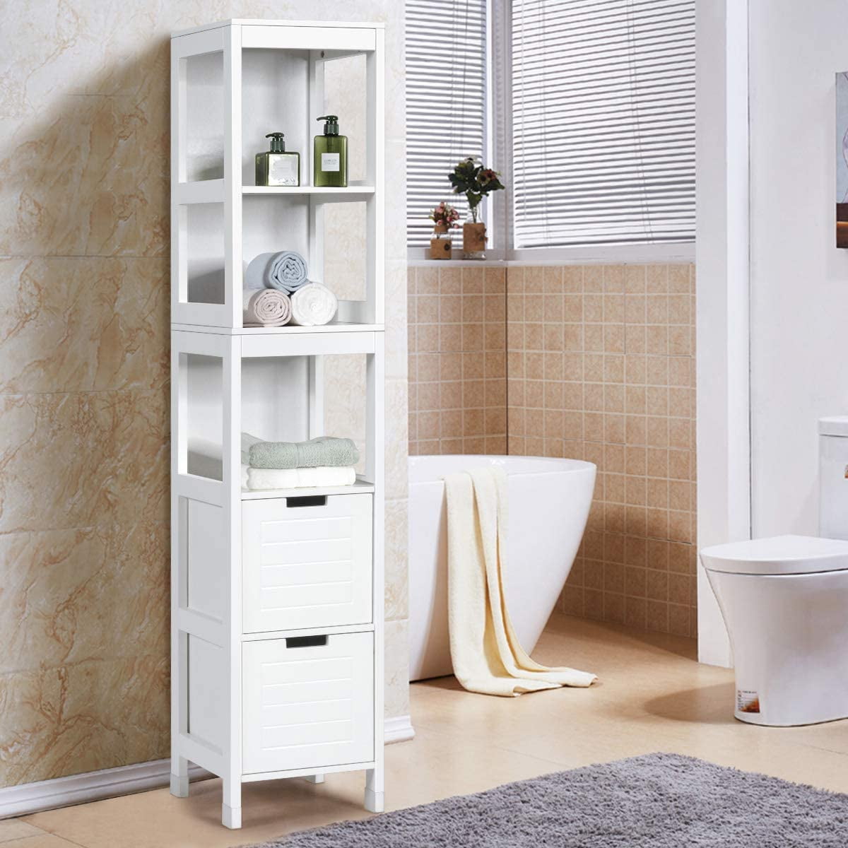 Giantex Adjustable Bathroom 3-Shelves and 2-Drawers Free Standing Cabinet, White