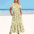 thumbnail image 1 of LOVZFMLL Robe Décontractée pour Femme à Imprimé Floral, Manches Courtes, Col Ras du Cou, Robe Longue Fluide à Étages de Plage avec Poches, Jaune, 2TG, 1 of 6
