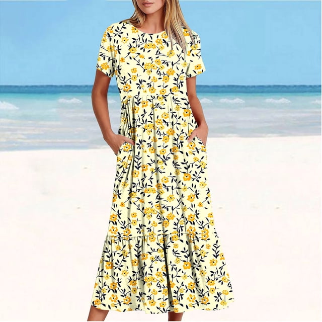 LOVZFMLL Robe Décontractée pour Femme à Imprimé Floral, Manches Courtes, Col Ras du Cou, Robe Longue Fluide à Étages de Plage avec Poches, Jaune, 2TG