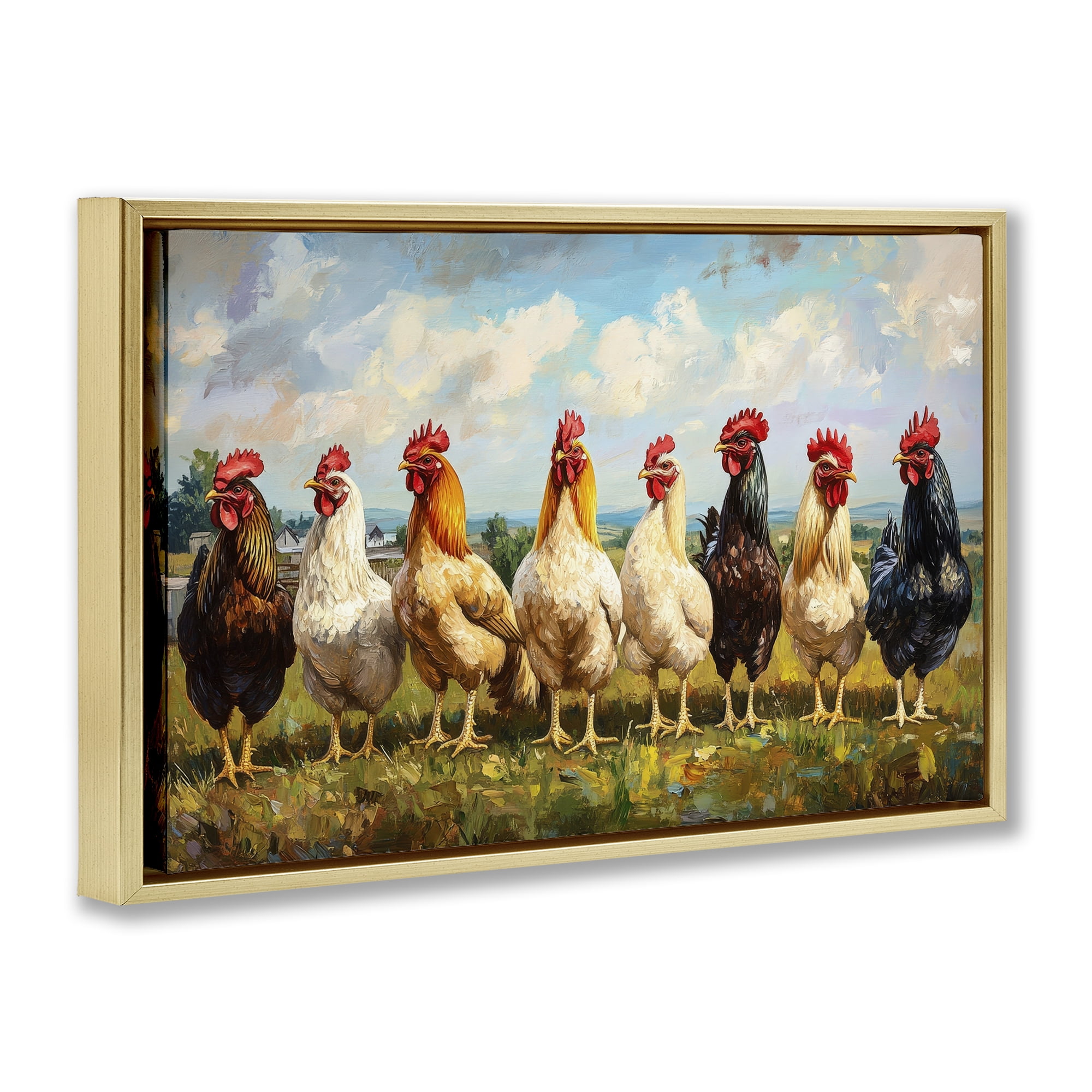 Stupell Industries Chicken Brood on Horizon Gold Framed Floater Canvas Wall Art, design by Petal Prints Design
