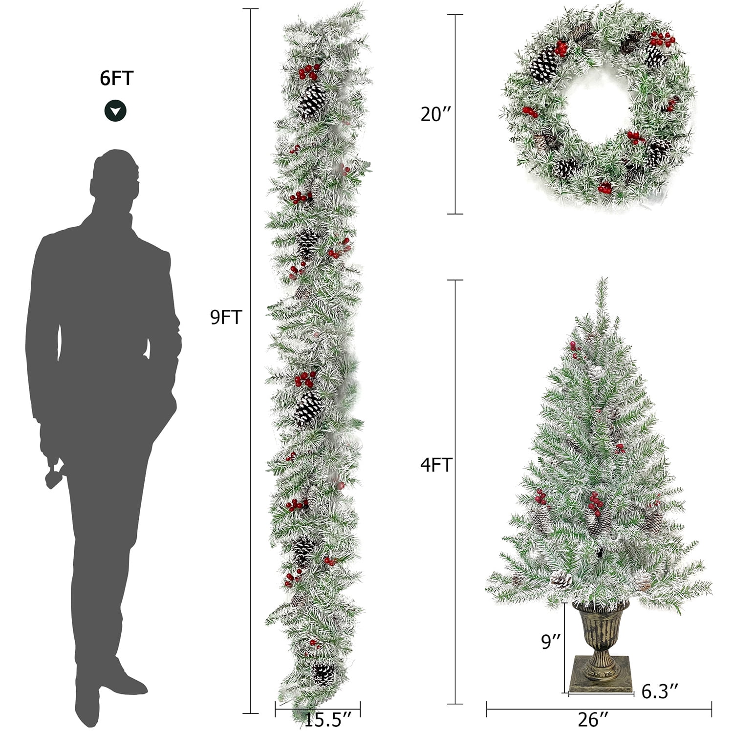 Kadyn 4-Piece Pre-lit Set Christmas Decorations, Christmas Fireplace Decorations, Front Porch Christmas Decorations, Artificial Christmas Garland, Wreath and Set of 2 4ft Christmas Tree, Retro White