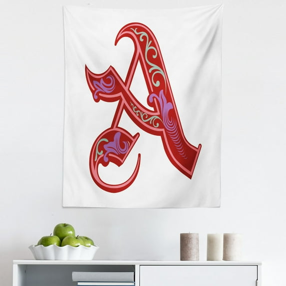 Letter a Tapestry, Classic Ornamental Name Initials with Gothic Swirl Elements, Fabric Wall Hanging Decor for Bedroom Living Room Dorm, 5 Sizes, Turquoise Purple Red, by Ambesonne