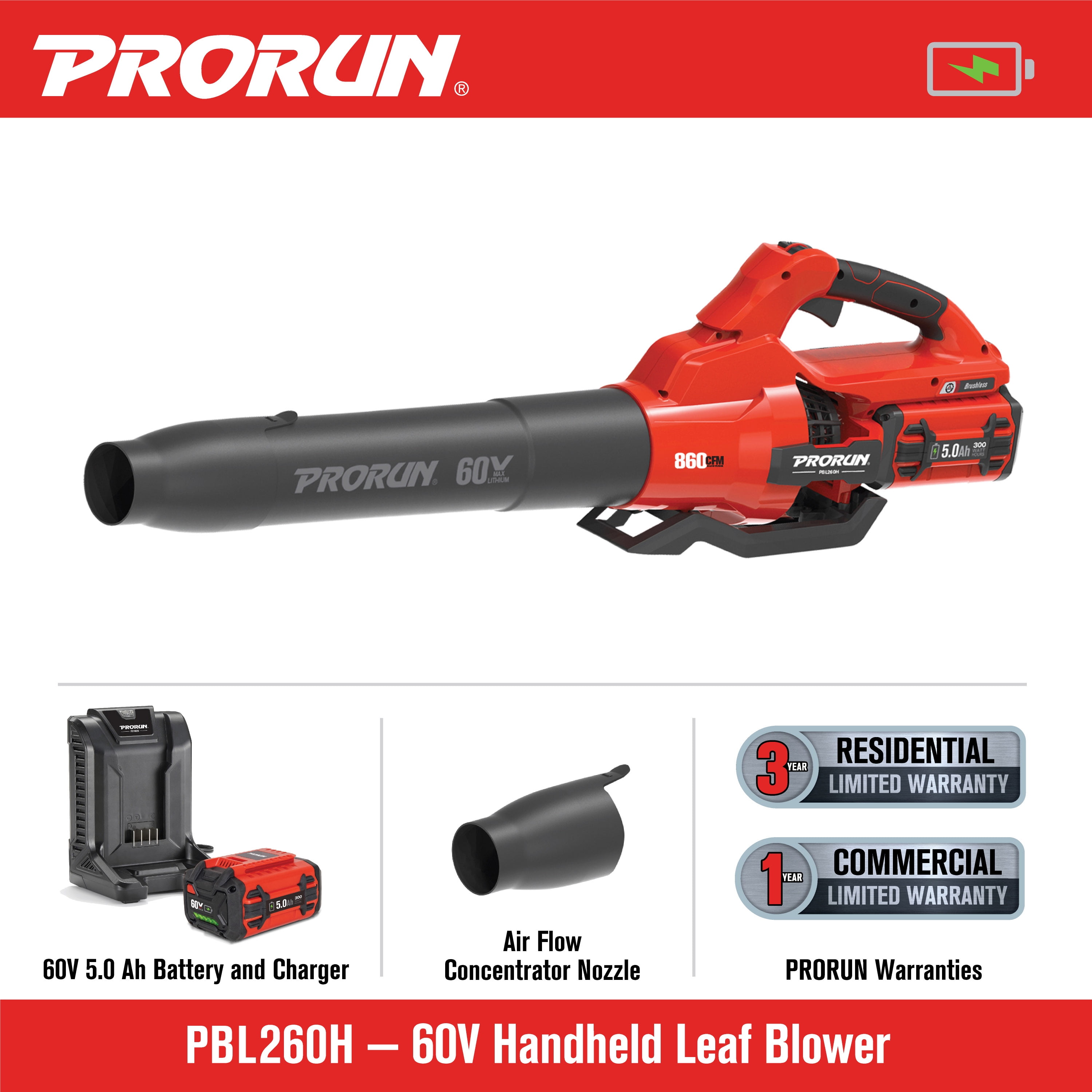 PRORUN 60V 810 CFM 190 MPH Cordless Handheld Leaf Blower with 5.0 Ah Battery and Charger