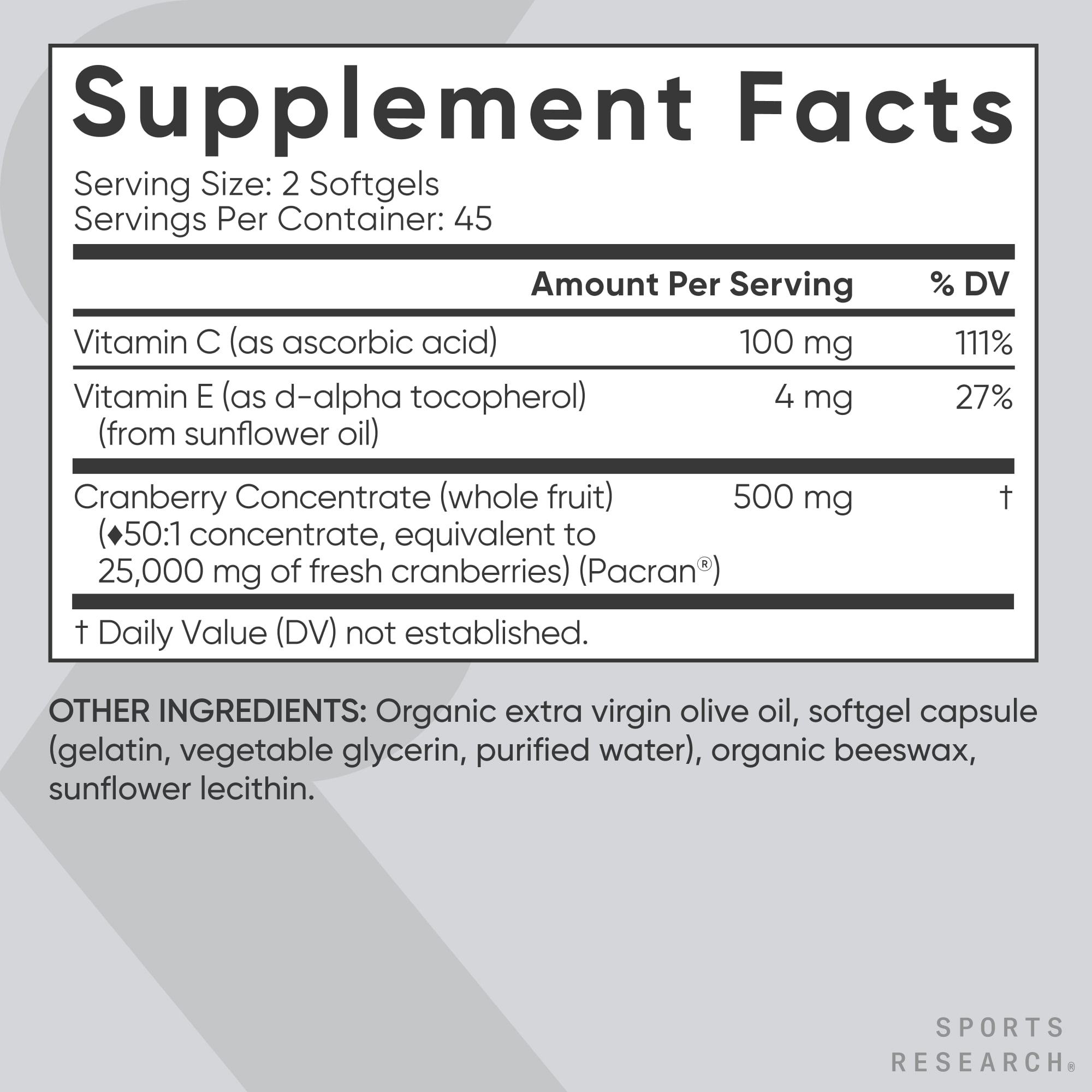 Cranberry Fruit Complex Supplement with Pacran & Vitamins C & E - 90 Softgels