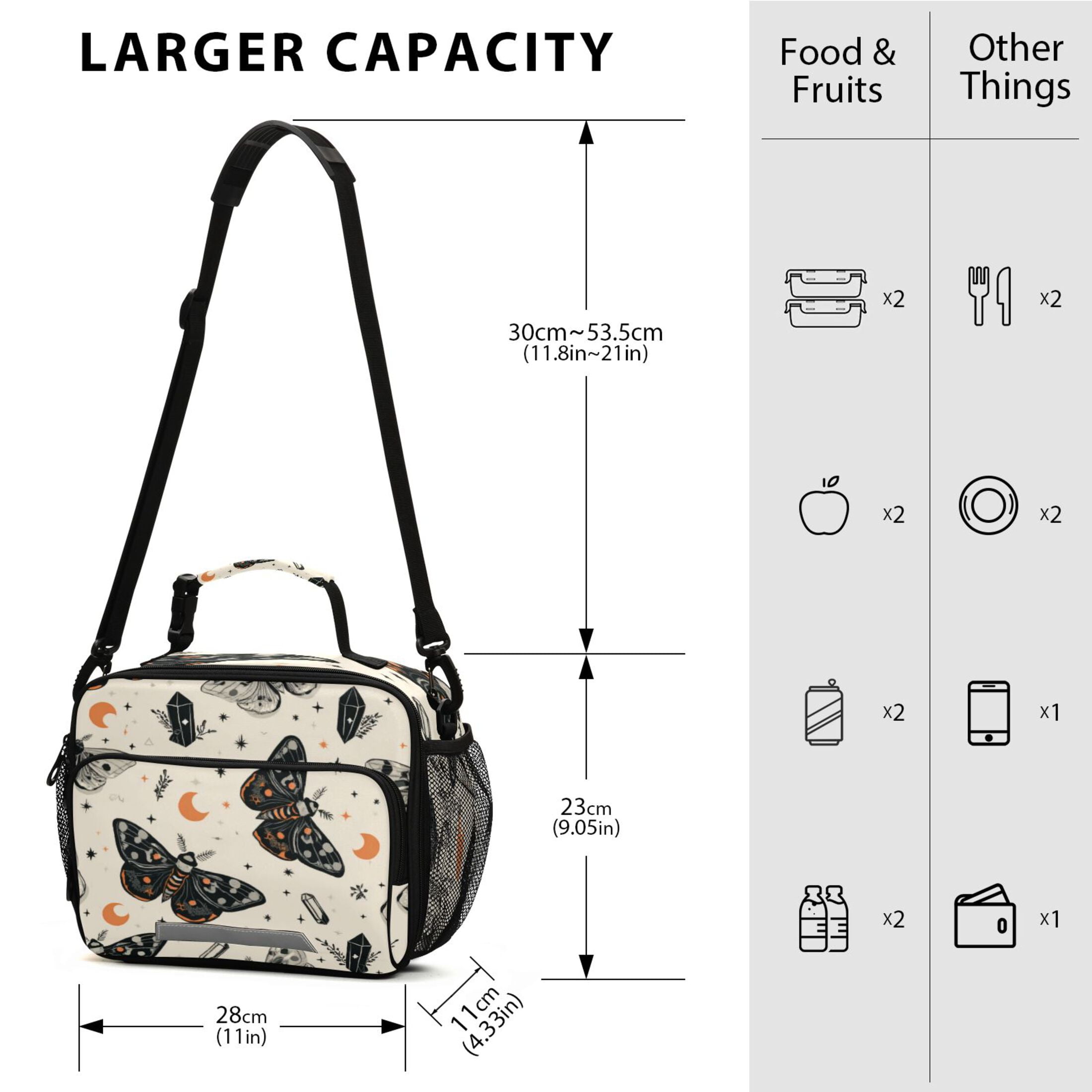 Insulated Lunch Bag 6L Leak-Proof Lunch Box with Shoulder Strap Multiple Pockets Lunch Tote Black and White Moths