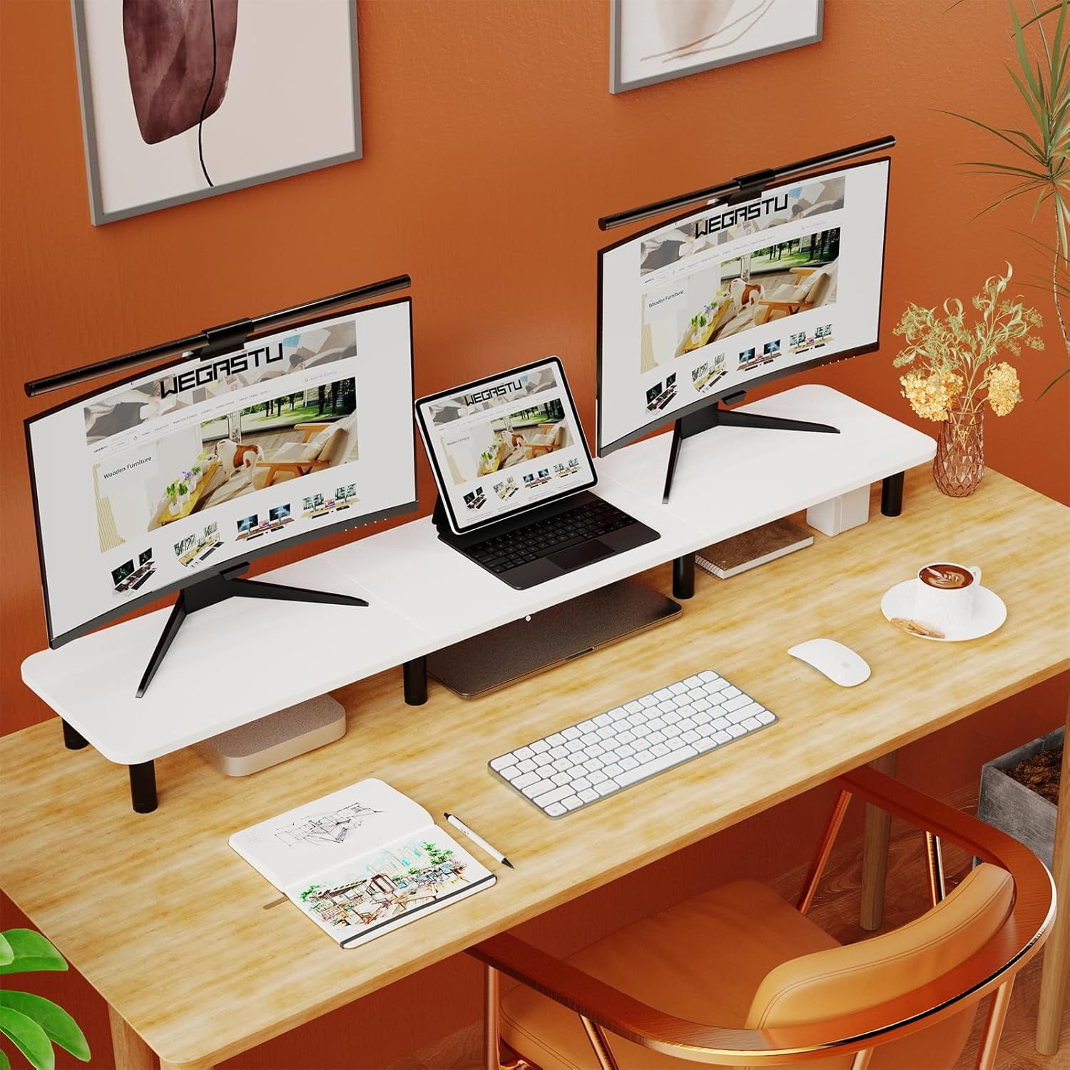 Extra Long Dual Monitor Stand - 43.7 Inch Wide Wood and Steel Desktop Riser for Home Office Desk Organization