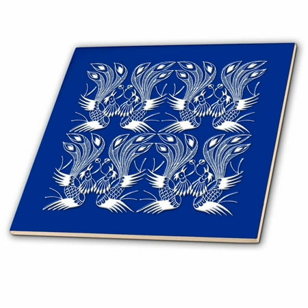 Blue Tile Design - 3dRose Exotic Lyre Bird Design in White and Blue - Ceramic Tile, 12-inch