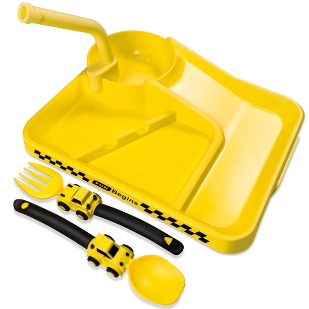 Platos para niños pequeños - Juego de utensilios para comer para niños pequeños con cuchara, tenedor y pajita extraíble - tema de construcción Utensilios para niños pequeños - Juego de alimentación de