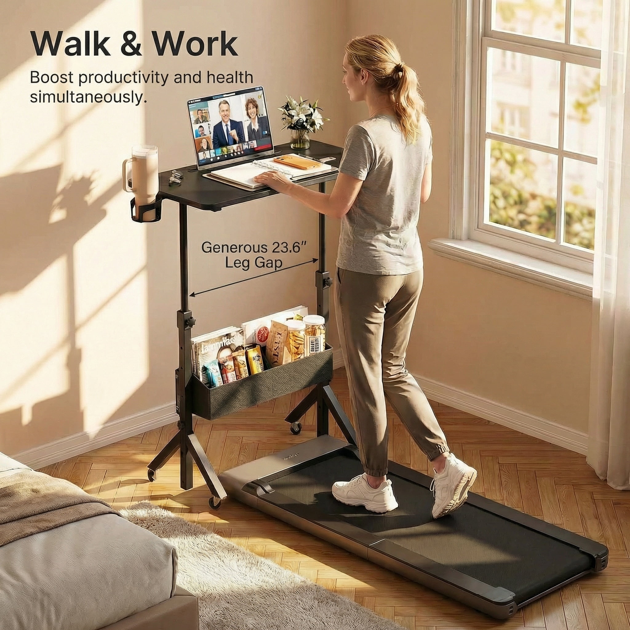 Kyspho Mobile Standing Desk with Wheels & Storage, Adjustable Height Rolling Laptop Cart with Cup Holder, Fits Treadmills, Black, 31.5" x 15.75"