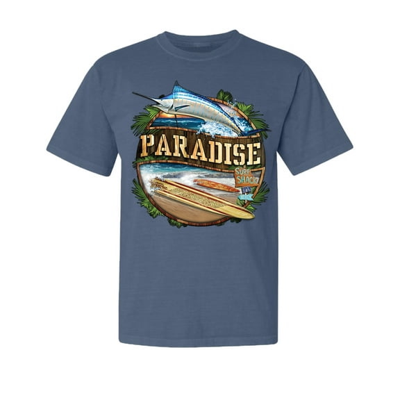 Wild Bobby, Paradise Surf Shack Marlin, Garment-Dyed Washed Look Short Sleeve Tees, Navy, Medium
