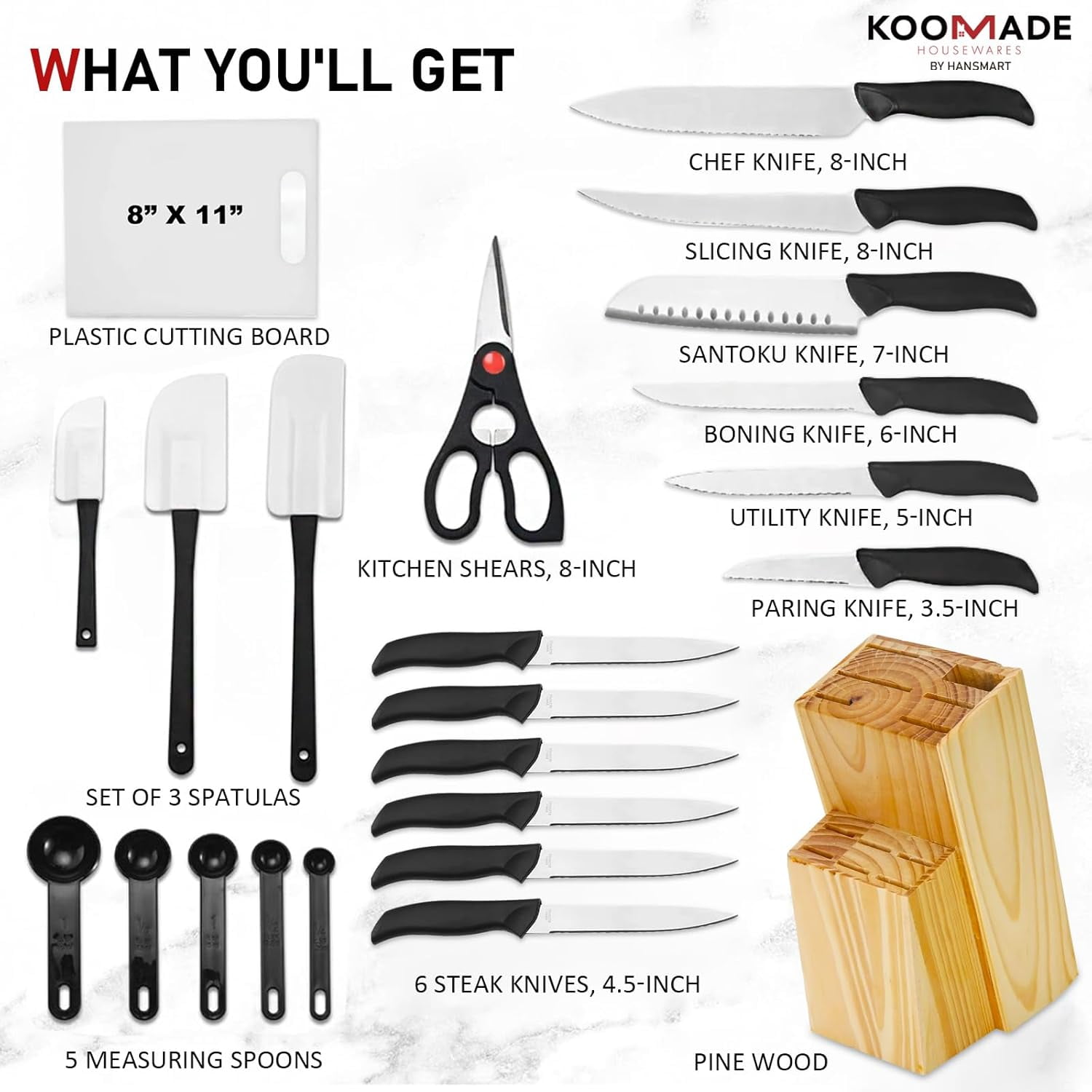 KOOMADE 23pcs Kitchen Knife Set with Block Knives Set Kitchen Tool Precision Cutlery Knife for Beginner
