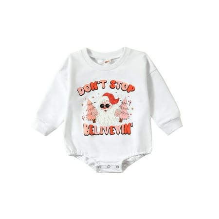 

Sunisery Christmas Newborn Baby Girls Boys Rompers Letters Santa Print Casual Long Sleeve Jumpsuit Bodysuit White 6-12 Months