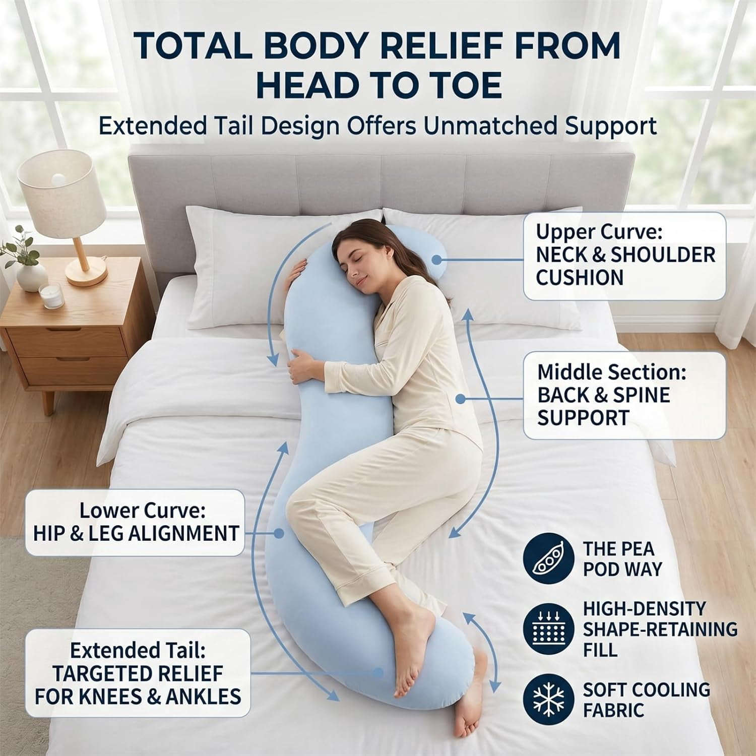 Pea Pod Body Pillow for Side Sleeper,Soft Cooling Long Bolster Hug Pillow,Ergonomic Pea Pod Full Body Pillows for Adults,Curved Sleep Pillows for Back Hip & Leg Support (1, Blue)
