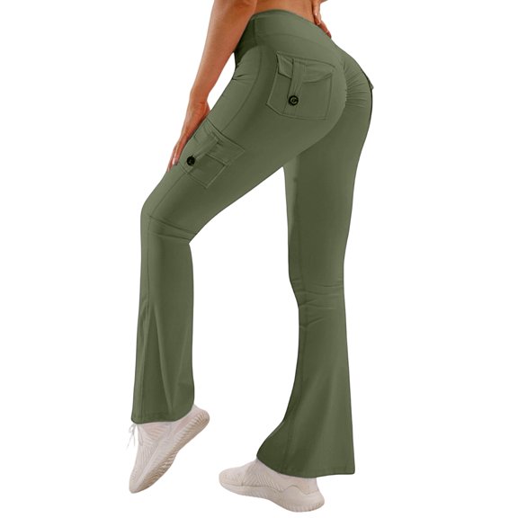 Rexolia Women’s High Waisted Flare Leggings with 4 Pockets Cargo Bootcut Pants Army Green L