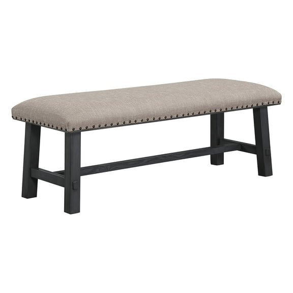 Callen Bench with Antique Gray Frame and Bronze Nailhead Trim in Gray Fabric