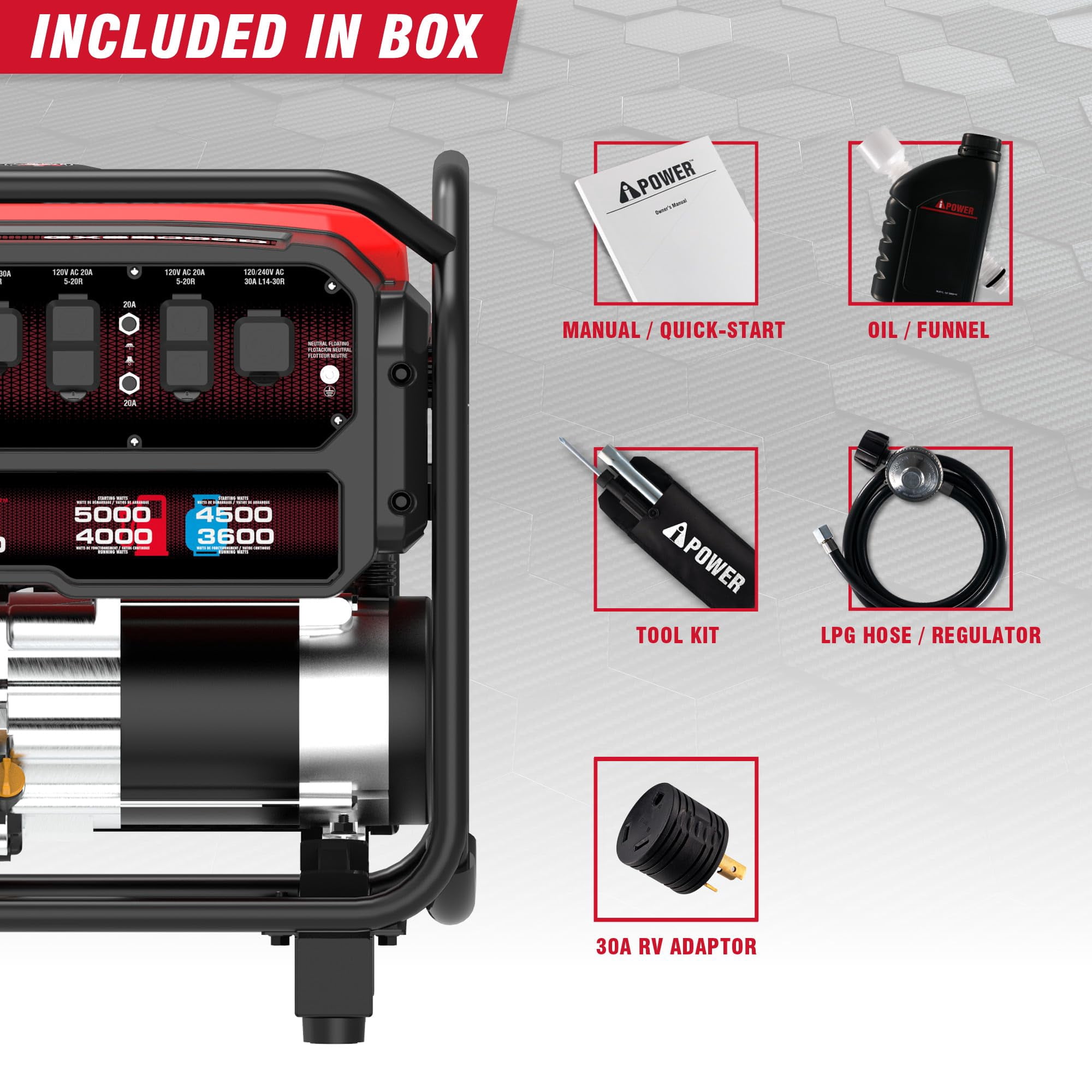 A-iPower 5000 Watts Recoil Start Dual Fuel Portable Generator with CO Sensor, 120/240V, Wheel & Handle kits